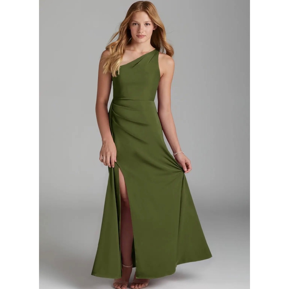 Azazie Maron Junior Olive Green Satin Maxi Dress Bridesmaid Women's Size J10